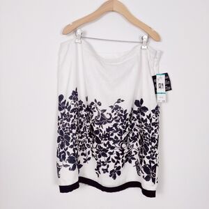 Jones New York Women's Floral Midi Skirt White Black Size 16 Bohemian 100% Linen